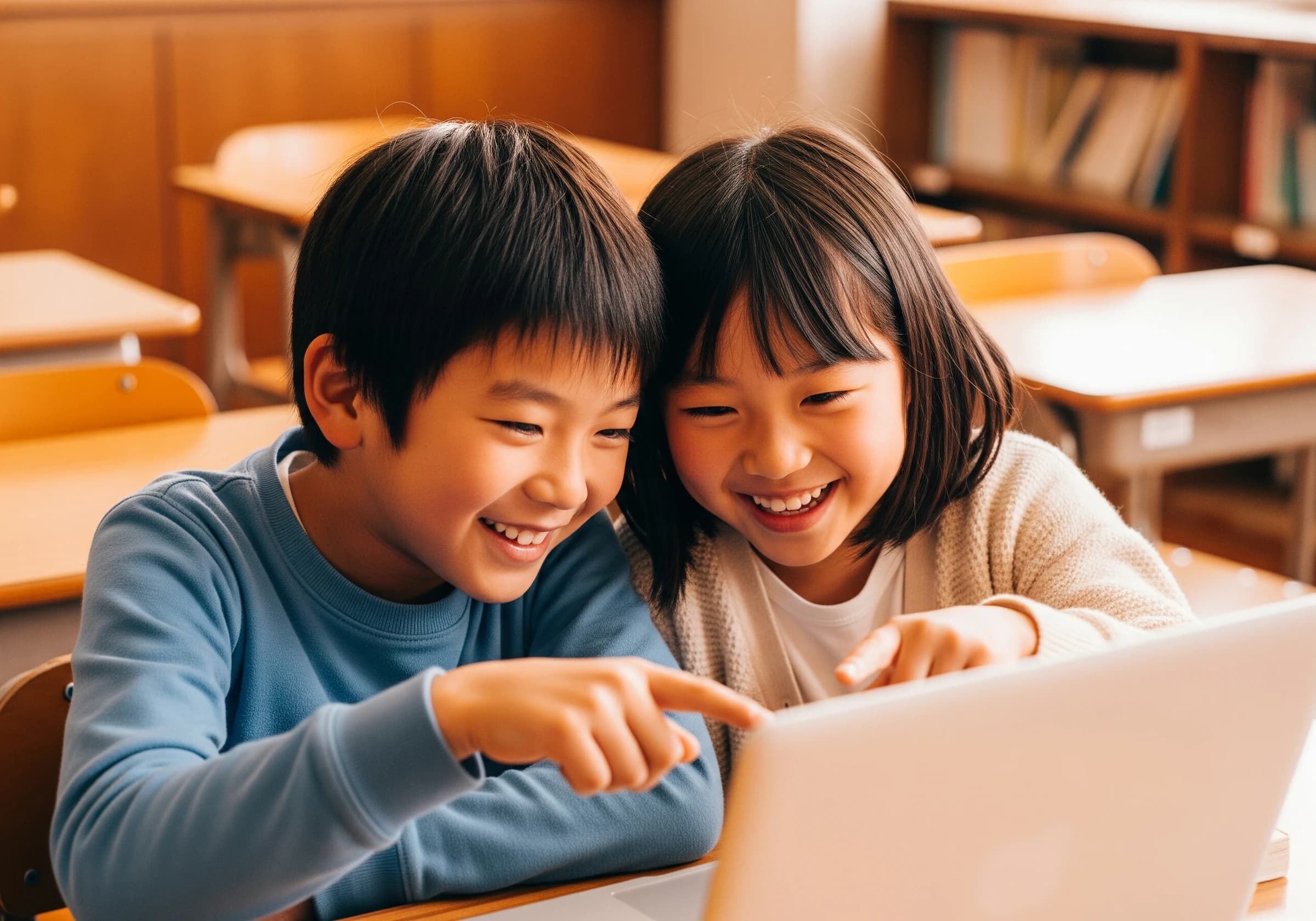 ノートパソコンを囲んで学ぶ小学生たち
