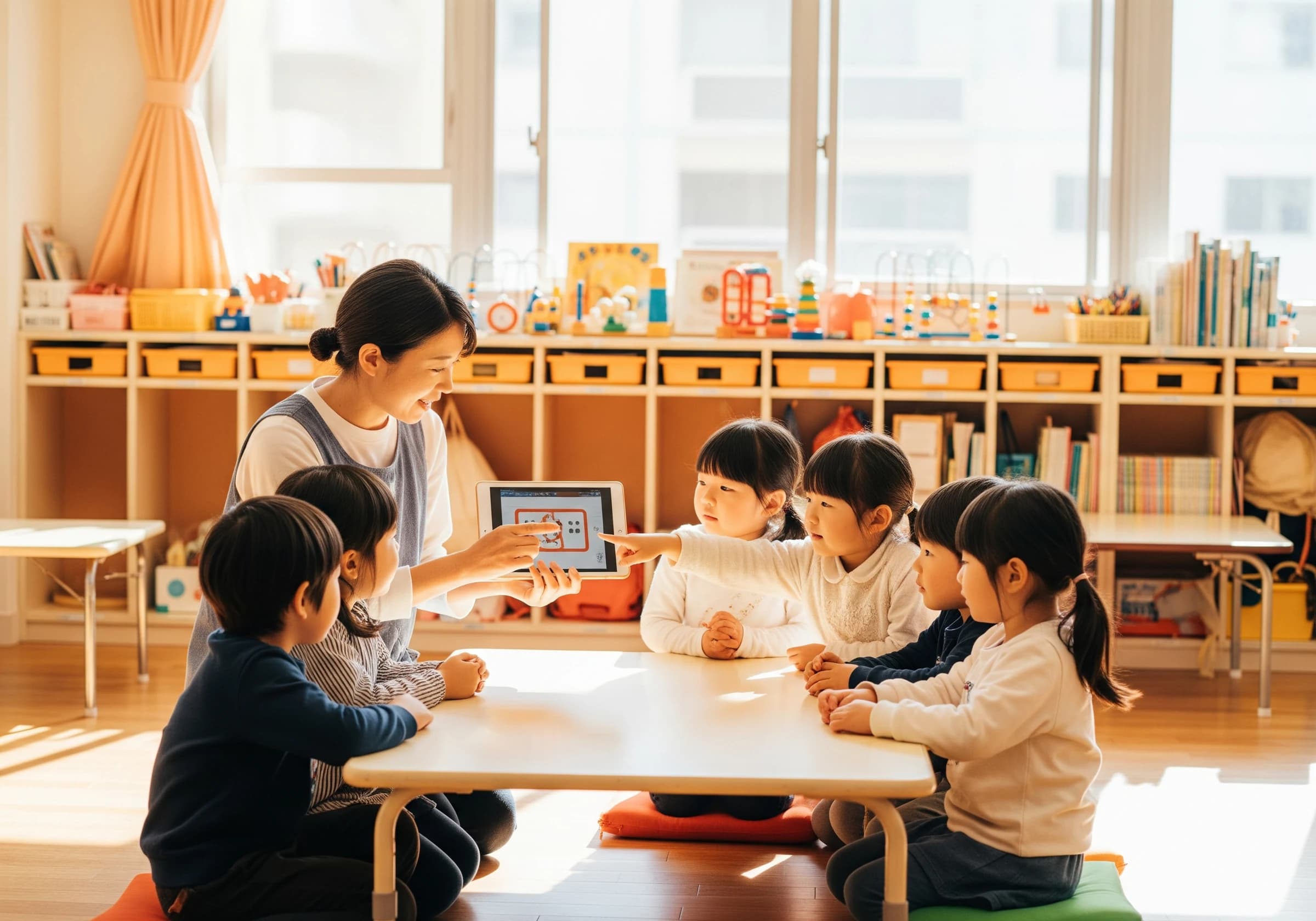 タブレット教材で園児と関わる講師